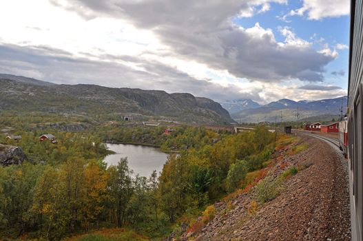 View of the scenic landscape in northern Norway. Photo taken from the train heading to Narvik.