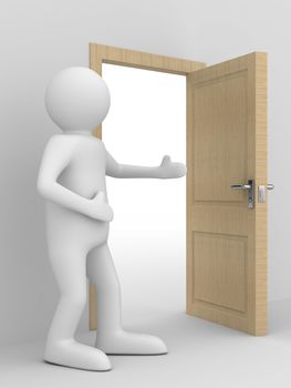 man invites to pass open door. 3D image