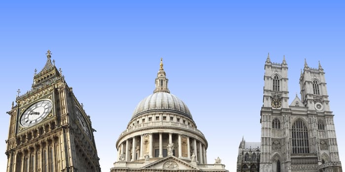 London landmarks over blue sky: Big Ben, St Paul's Cathedral, Westminster Abbey