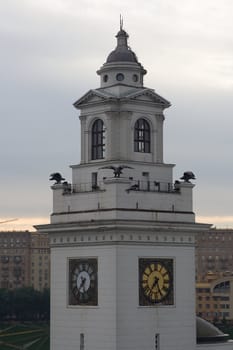 Sunrise in Moscow, view of clock tower of the Kievskiy depot 