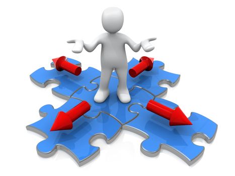 3d person standing on a jigsaw puzzle with arrow pointing in four directions.