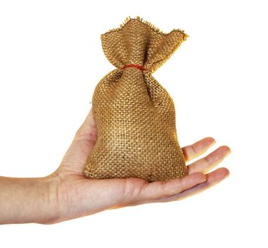 Small money bag with hand isolated on white
