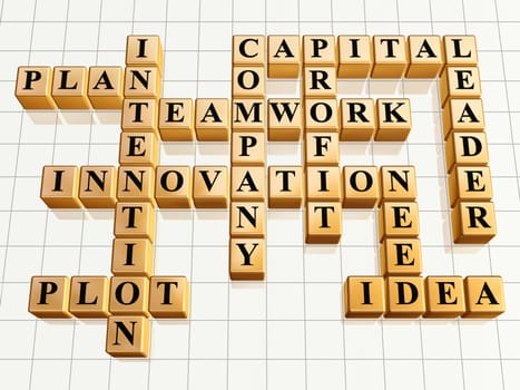 3d golden cubes like crossword - teamwork, innovation, leader, idea, plan, plot, company, capital, profit, intention, need