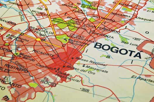 Road map of Bogota City and surrounding areas, Colombia.