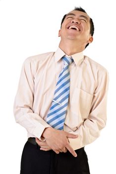 Happy businessman of Asian laughing on white background.