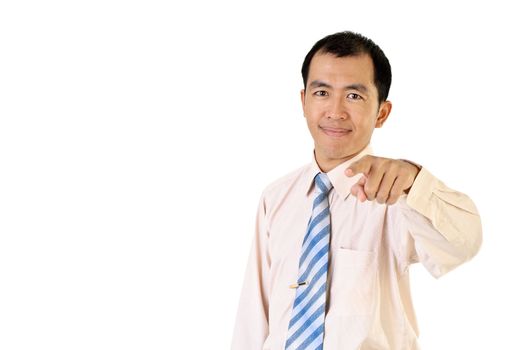 Point by Asian businessman with finger on white background.