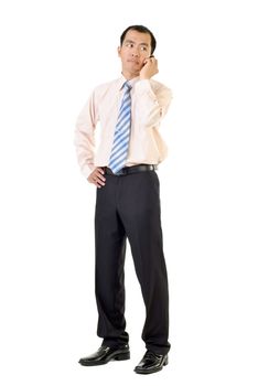 Business man use cellphone listening and standing on white background.