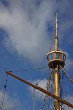 The crow's nest of a replica sailing ship
