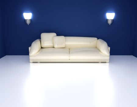 3D rendered Interior. A Sofa in a blue room.