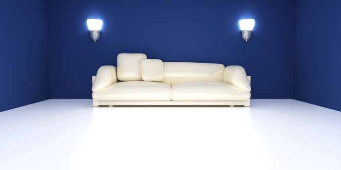 3D rendered Interior. A Sofa in a blue room.