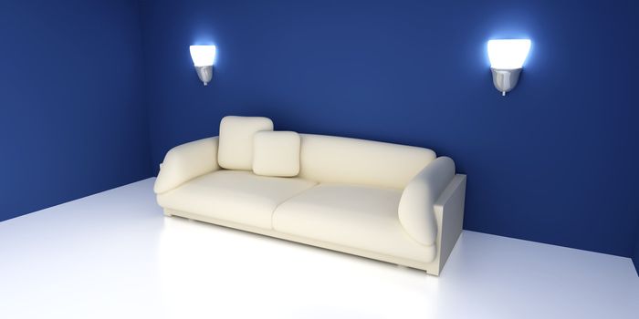 3D rendered Interior. A Sofa in a blue room.