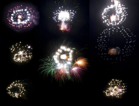 Template including various types of fireworks over a black background