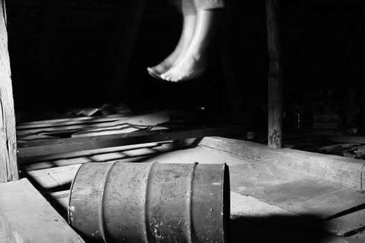 hang men at the loft, black and white horizontally framed shot