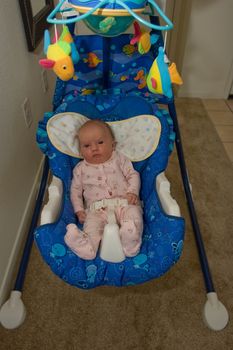 One month old caucausian girl in baby bouncer seat.