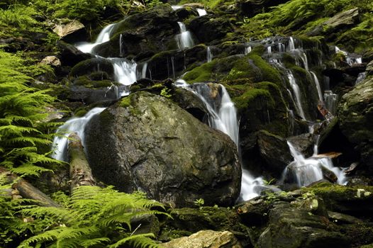 small waterfall in czech mountain, vertically framed shot