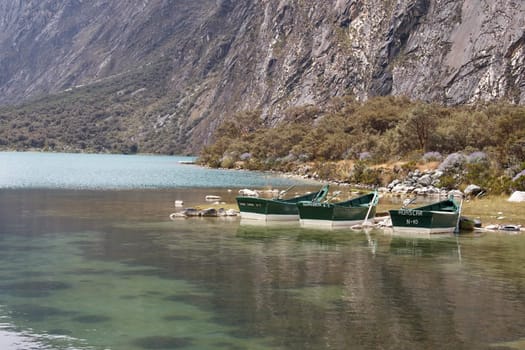 Boats for hire at Llanganuco lower lake, Peru