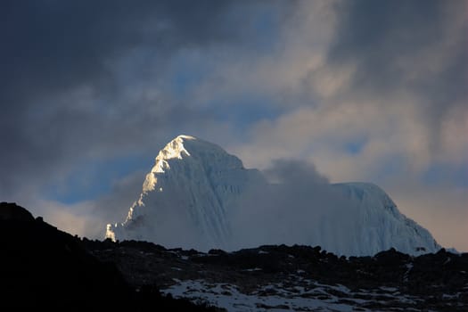 Nevada Chacraraju at sunset, Andes, Peru