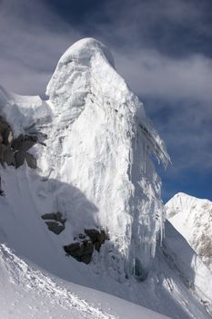 Ice gendarme at Pisco summit ridge, Cordillera Blanca, Peru