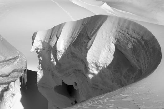 B/W image of huge crevasse on Pisco summit ridge, Cordillera Blanca, Peru