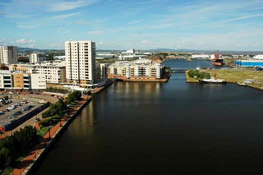 cardiff bay, viwe from big wheel, hosrizontally framed shot