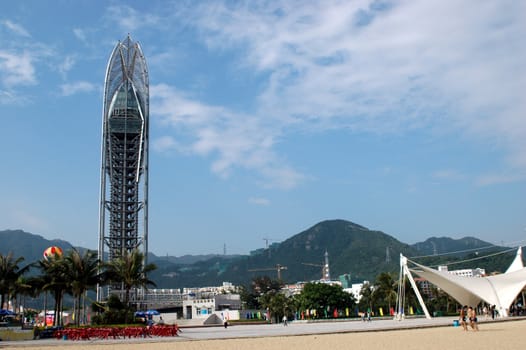 South China Sea, seaside near Shenzhen city, Guangdong province. Beach with viewing tower.
