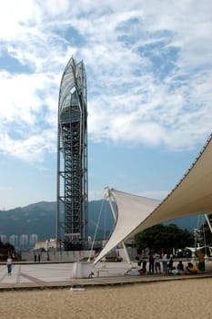 South China Sea, seaside near Shenzhen city, Guangdong province. Beach with viewing tower.