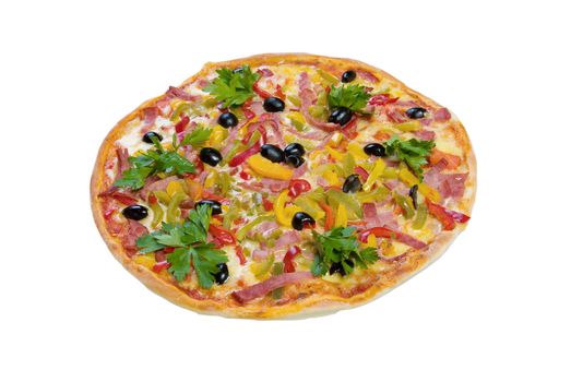Supreme Pizza in pan.Neapolitan,Close-up.isolated