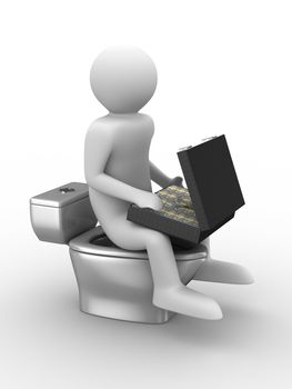 man sits on toilet bowl with money. Isolated 3D image