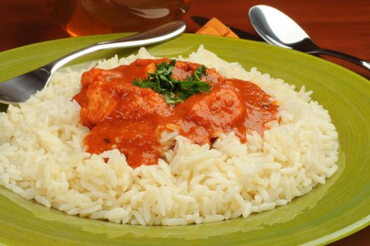 Plate of tasty butter chicken and jasmine rice.