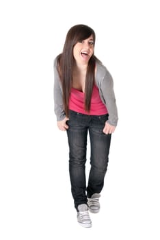 Young adult teen razz cheerful on white background. 