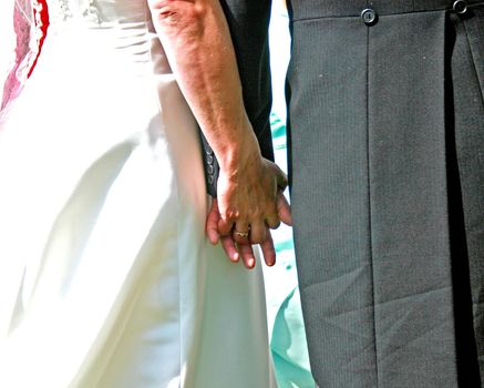Bride and Groom standing together holding hands.