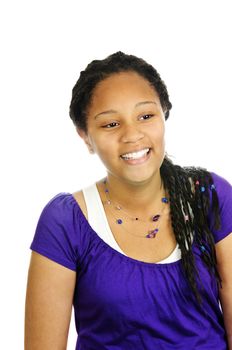 Isolated portrait of beautiful black teenage girl laughing