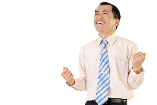 Happy successful business man with cheerful expression on white background.