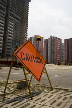 Caution sign at a construction area.