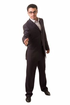 Greeting. Pleased to meet you. Businessman on a white background.