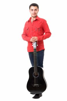 Guitarist. The man in a red shirt with a black guitar on a white background.