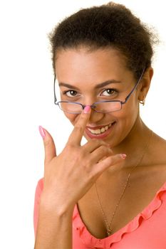Beautiful woman corrects glasses on a white background.