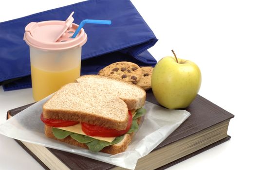 School lunch of sandwich, juice and snacks on a textbook.