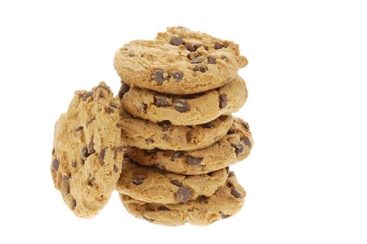 Stack of chocolate chip cookies on a white background.