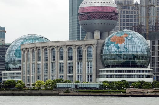 Shanghai - modern architecture, buildings with three spheres, globes. Original design.