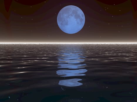 An illustration of a surreal moonset over water.