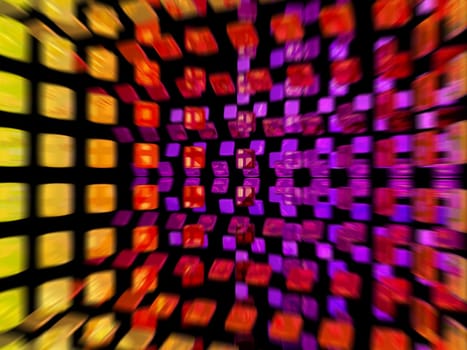 A motion blur of purple, red, and yellow tiles on a black background.