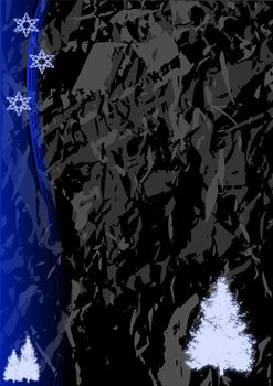 Christmas illustration of glowing blue snowflakes and trees  on a black marble like background.