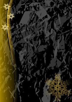 Christmas illustration of glowing yellow snowflakes on a black marble like background.