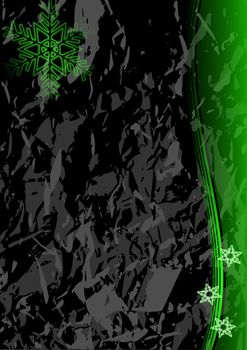 Christmas illustration of glowing green snowflakes on a black marble like background.