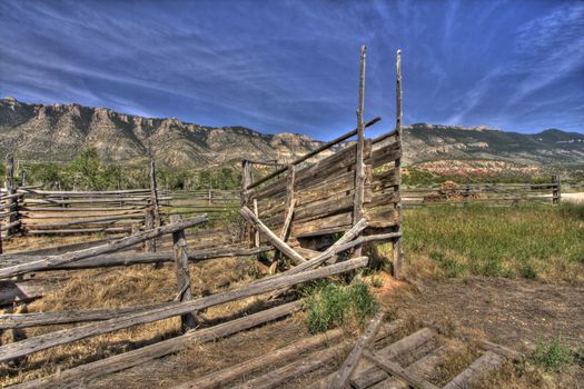 The remains of an old western ranch cattle chute shot in HDR.