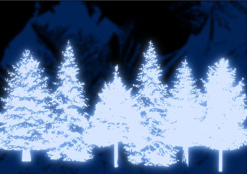 A line of glowing blue Christmas trees against an abstract background.