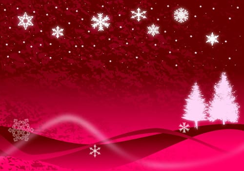 Christmas illustration of glowing snowflakes, Christmas trees, and stars with abstract snow drifts and blowing snow on red.
