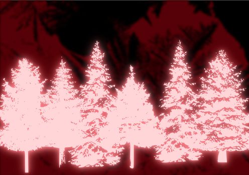A line of glowing red Christmas trees against an abstract background.