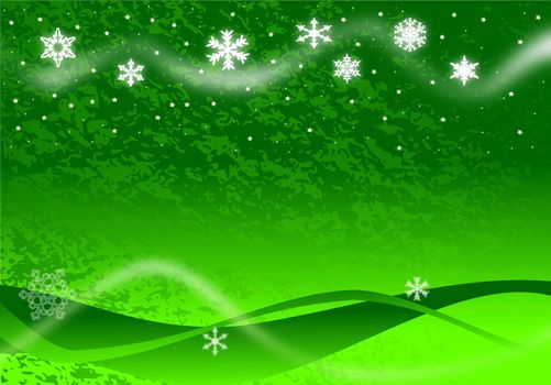 Christmas illustration of glowing snowflakes and stars with abstract snow drifts and blowing snow on green.